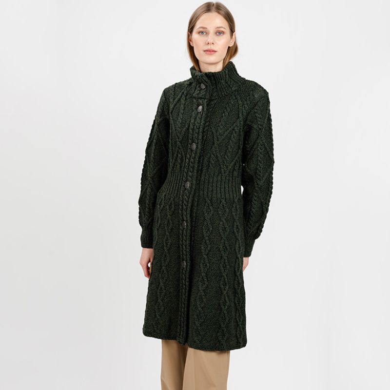 Women's Aran Cable Knit Signature Coat, Green Studio Creative Irish Gifts