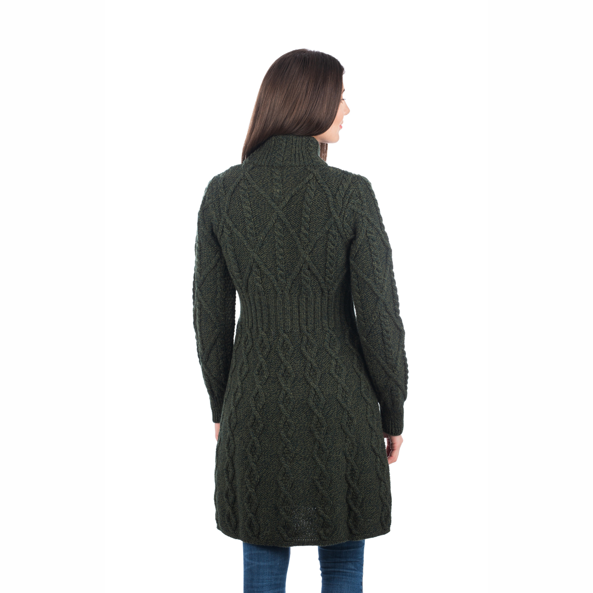 ML126-102 Women's Signature Aran Cable Knit Long Coat, Army Green Back ViewCreative Irish Gifts