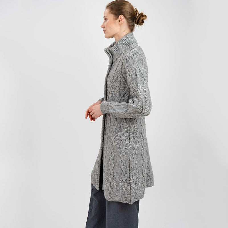 Women's Aran Cable Knit Signature Coat, Grey Side View Creative Irish Gifts