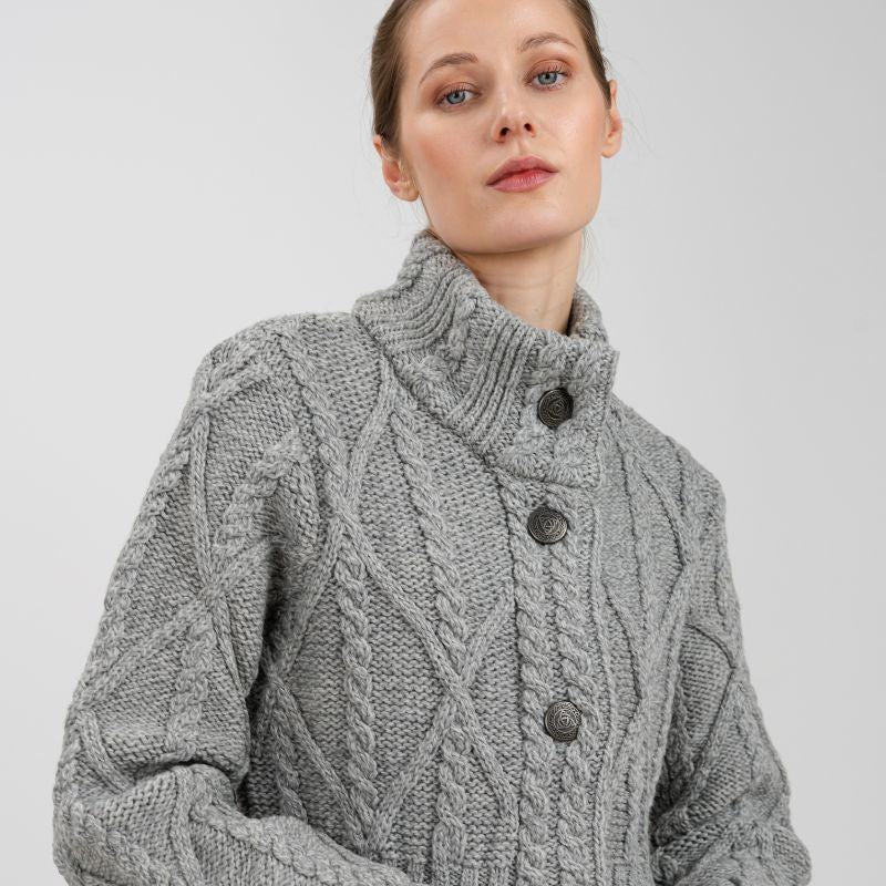 Women's Aran Cable Knit Signature Coat, Grey Creative Irish Gifts
