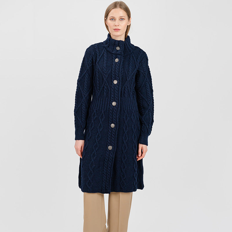 Women's Aran Cable Knit Signature Coat, Navy Creative Irish Gifts