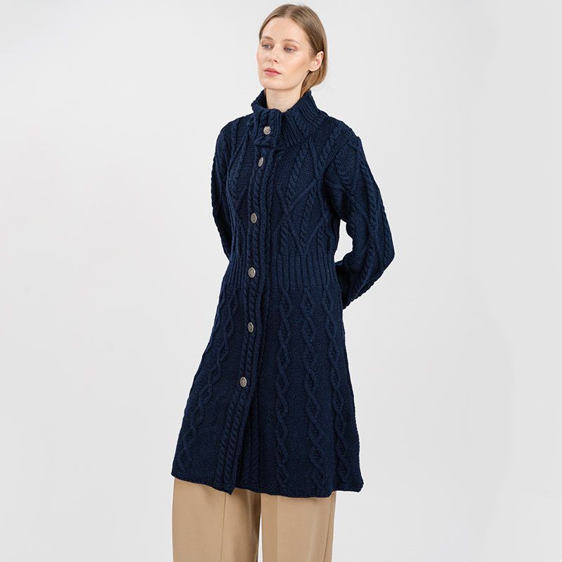 Women's Aran Cable Knit Signature Coat, Navy Studio Creative Irish Gifts