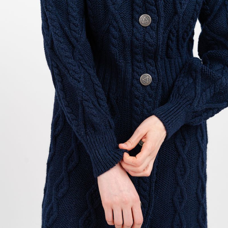 Women's Aran Cable Knit Signature Coat, Navy front Creative Irish Gifts