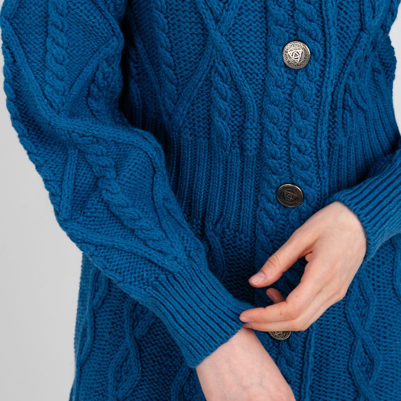 Women's Aran Cable Knit Signature Coat, Blue front Creative Irish Gifts