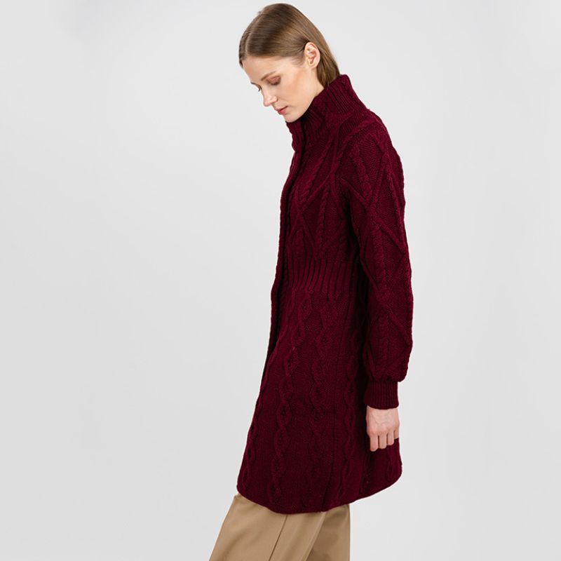 Women's Aran Cable Knit Signature Coat, Red Side View Creative Irish Gifts