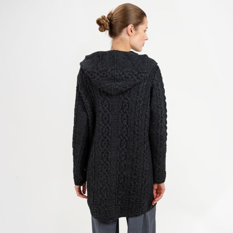 Women's Celtic Aran Knit Jacket, Charcoal Back View Creative Irish Gifts