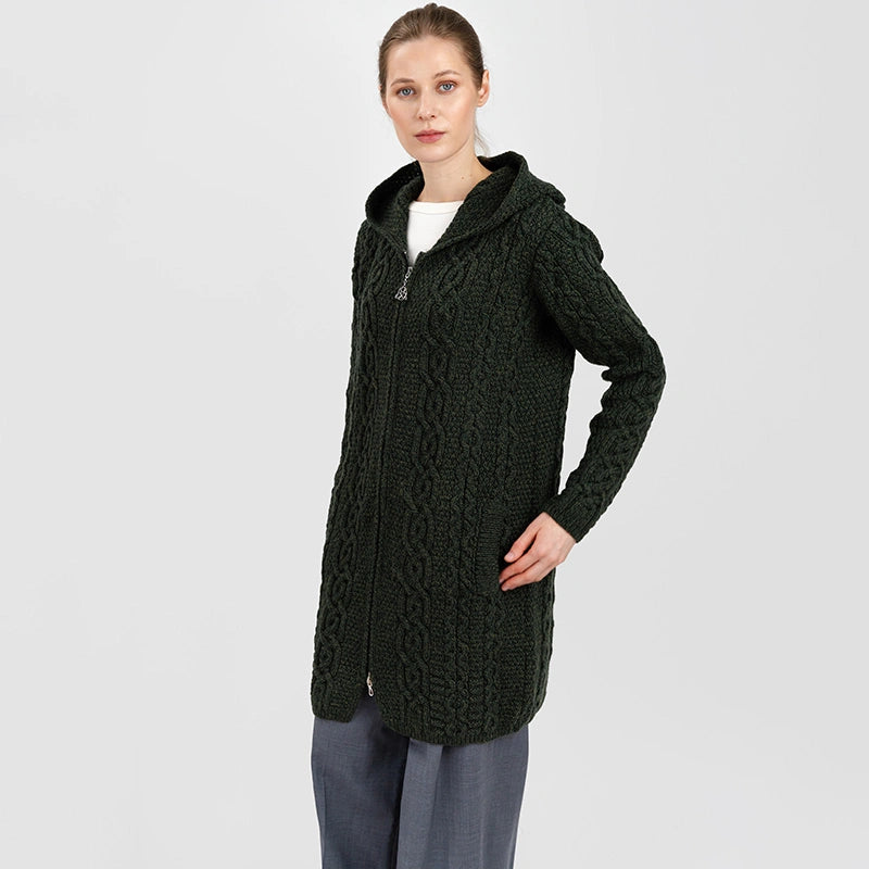 ML128-102 Women's Woollen Aran Knit Hooded Coatigan, Army Green Creative Irish Gifts
