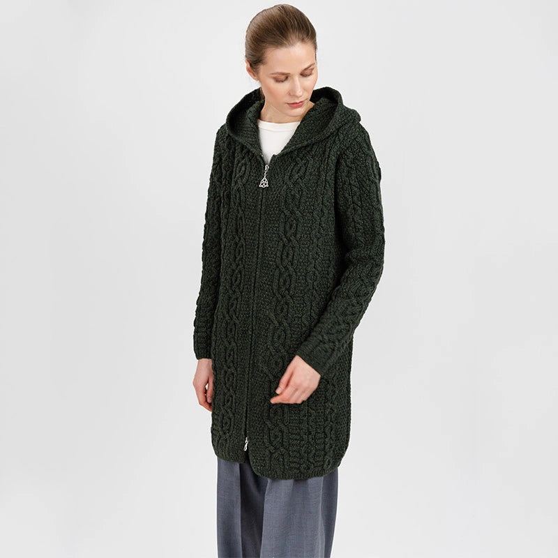 ML128-102 Women's Woollen Aran Knit Hooded Coatigan, Army Green Creative Irish Gifts