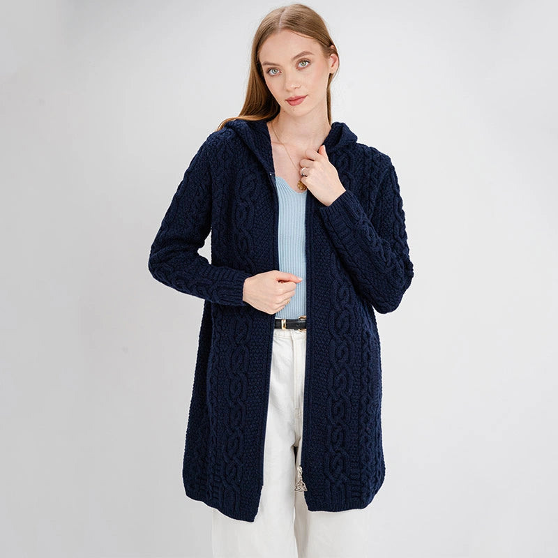 ML128-104 Women's Woollen Aran Knit Hooded Coatigan, Navy Unzipped Creative Irish Gifts