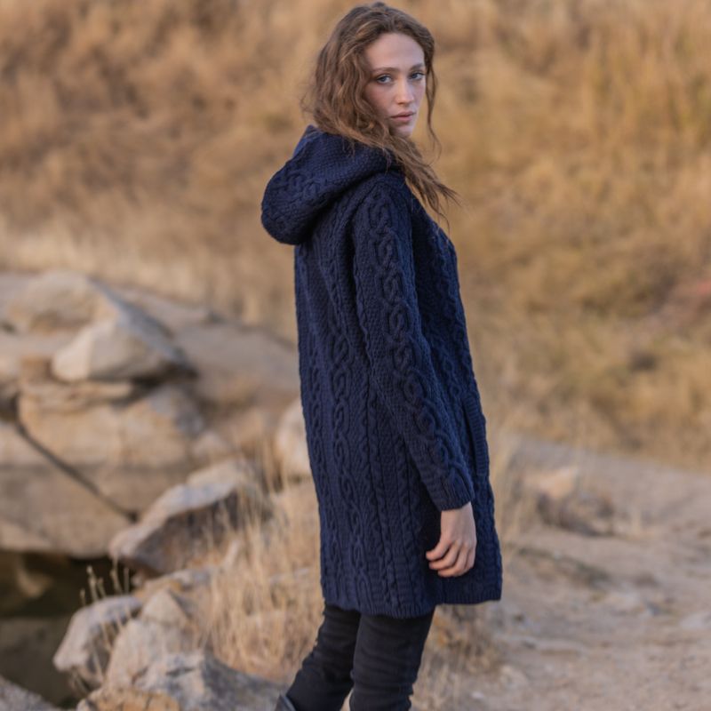 Women's Celtic Aran Knit Jacket, Navy Back View Creative Irish Gifts