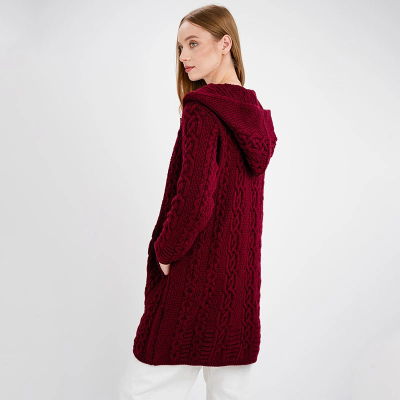 ML128-108 Women's Woollen Aran Knit Hooded Coatigan, Wine Side View Creative Irish Gifts