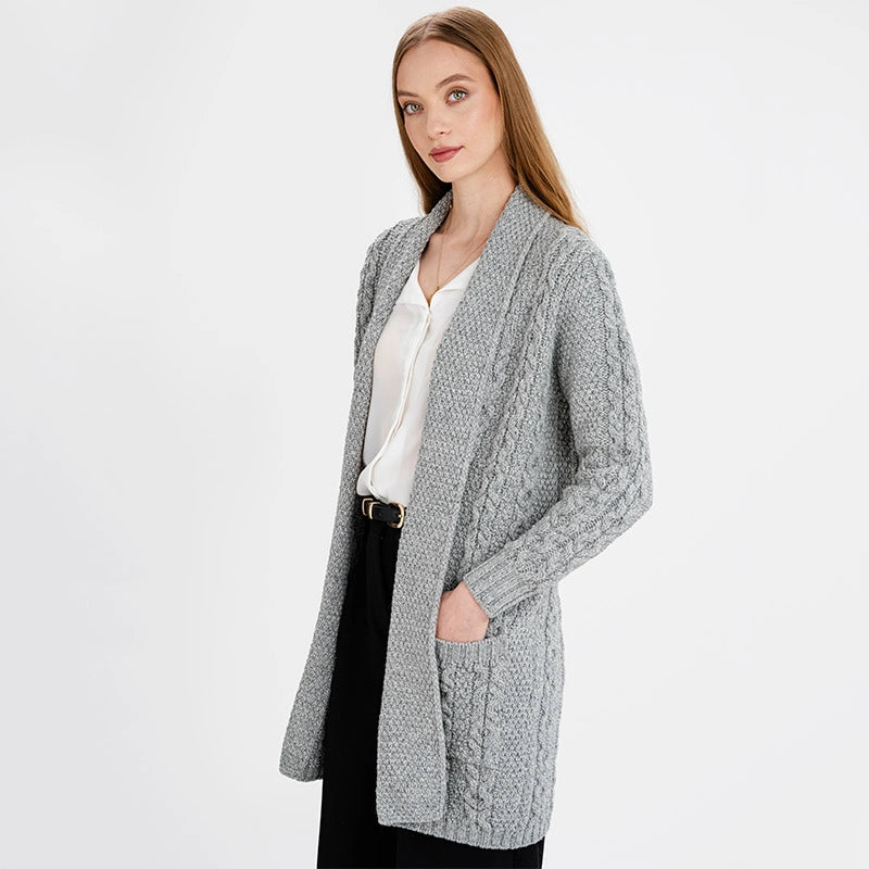 ML130-103 Women's Merino Wool Irish Long Cardigan, Grey Creative Irish Gifts