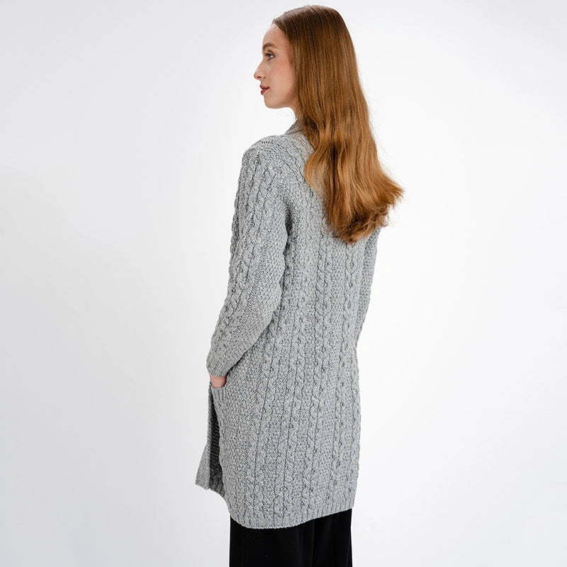 ML130-103 Women's Merino Wool Irish Long Cardigan, Grey Back View Creative Irish Gifts