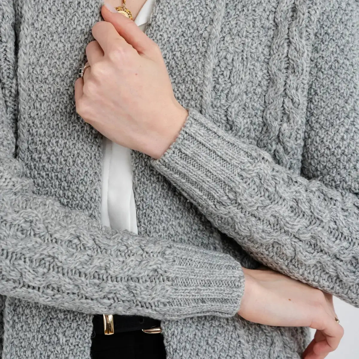 ML130-103 Women's Merino Wool Irish Long Cardigan, Grey Close Up Creative Irish Gifts