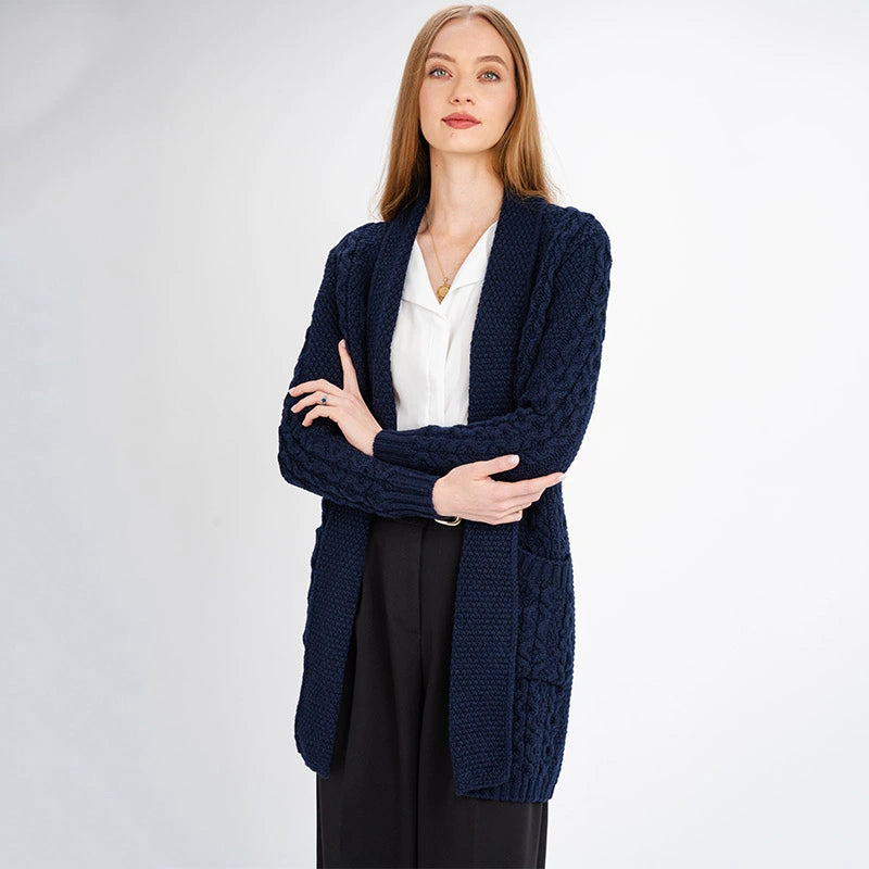 ML130-104 Women's Merino Wool Irish Long Cardigan, Navy Creative Irish Gifts