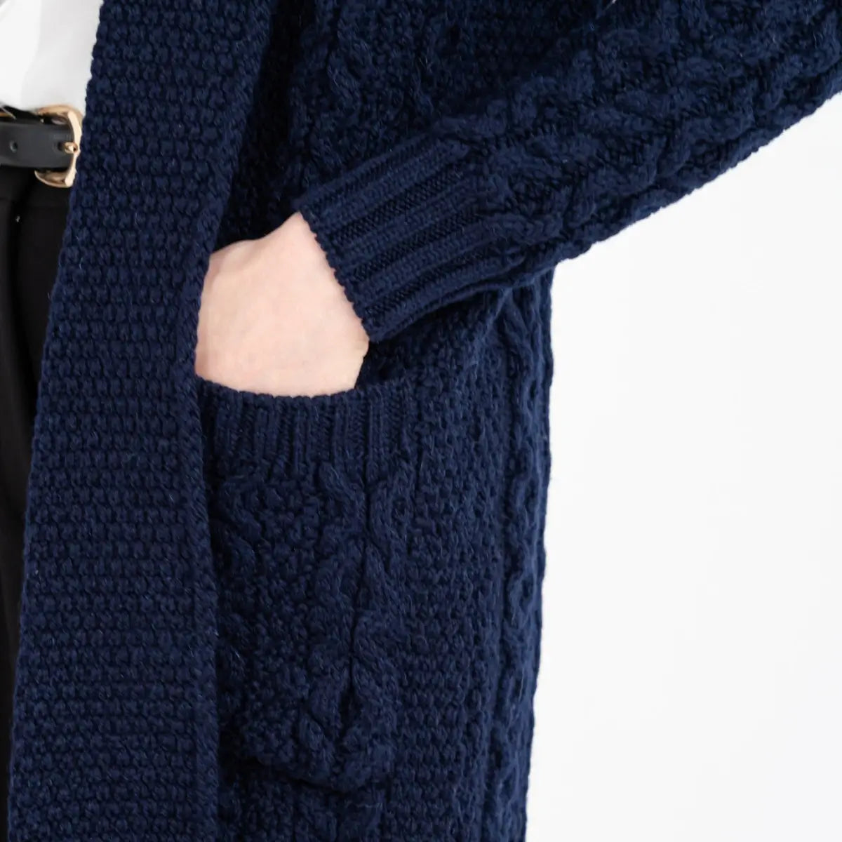 ML130-104 Women's Merino Wool Irish Long Cardigan, Navy Pocket Close Up Creative Irish Gifts