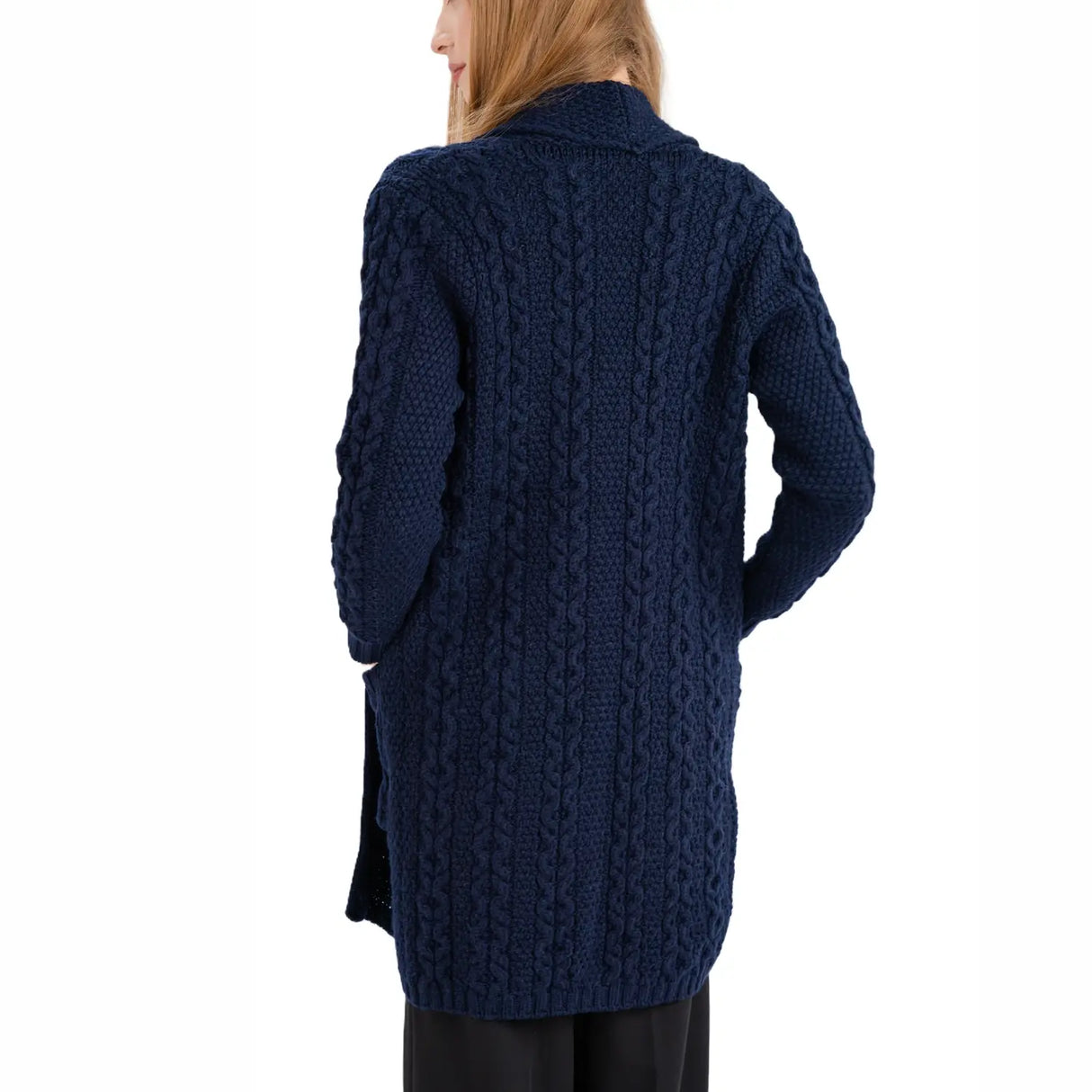 ML130-104 Women's Merino Wool Irish Long Cardigan, Navy Back View Creative Irish Gifts