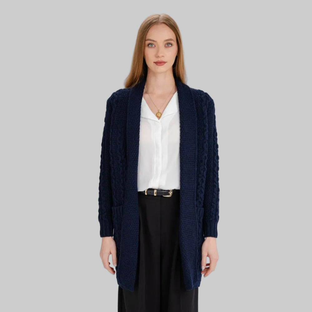 Women's Open Face Aran Knit Cardigan, Navy Creative Irish Gifts