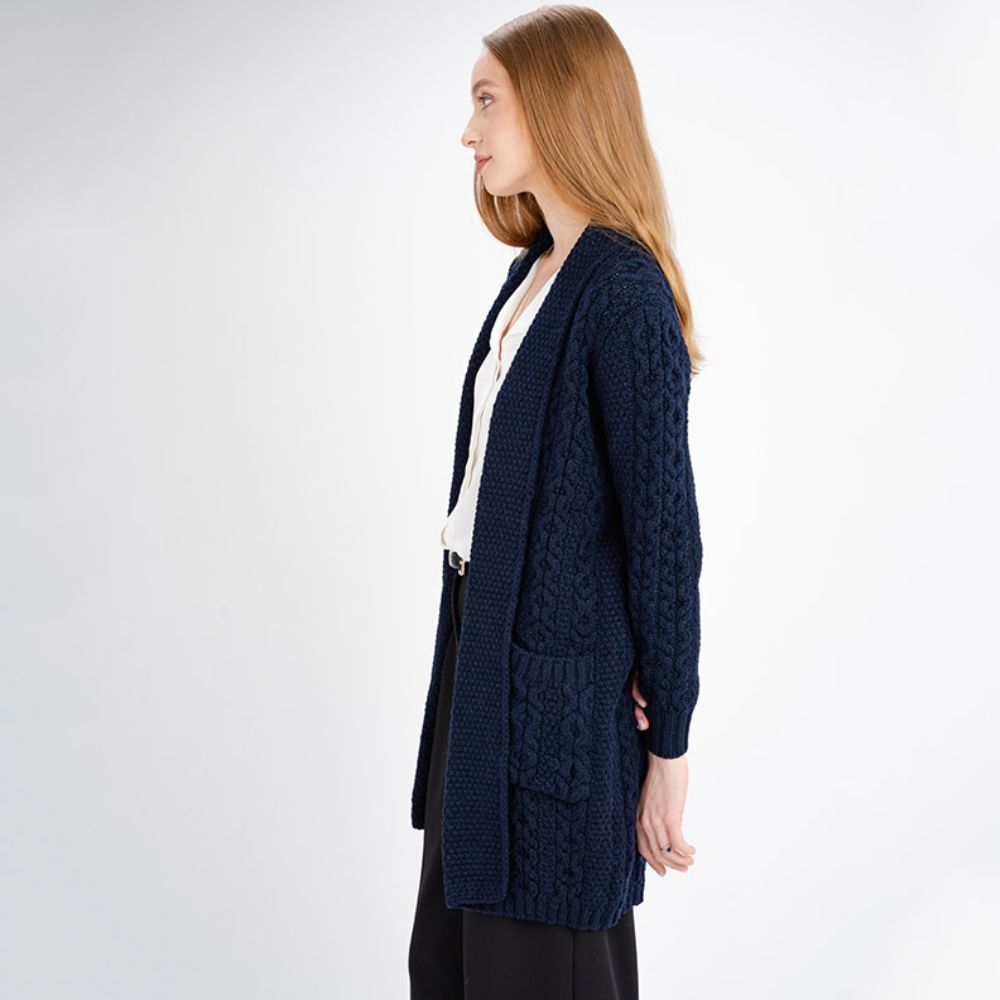Women's Open Face Aran Knit Cardigan, Navy side view Creative Irish Gifts