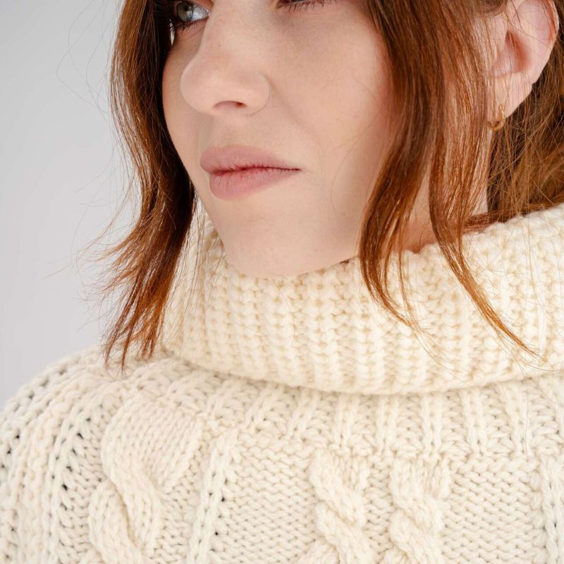 Merino Wool Aran Cable Cowl Neck Poncho, White Front Creative Irish Gifts.com