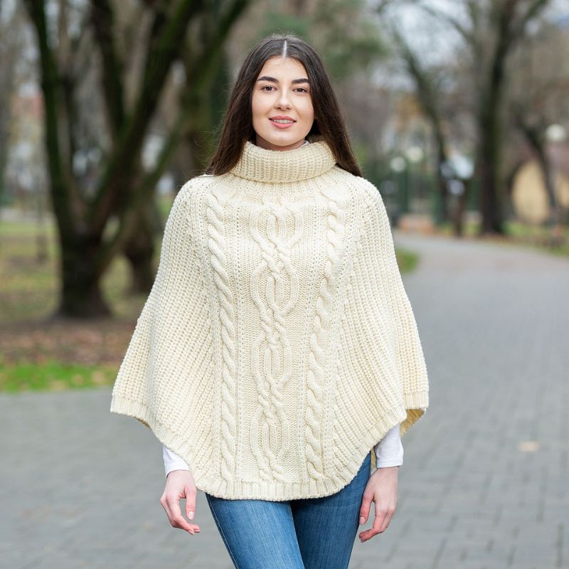 Merino Wool Aran Cable Cowl Neck Poncho, White Creative Irish Gifts.com