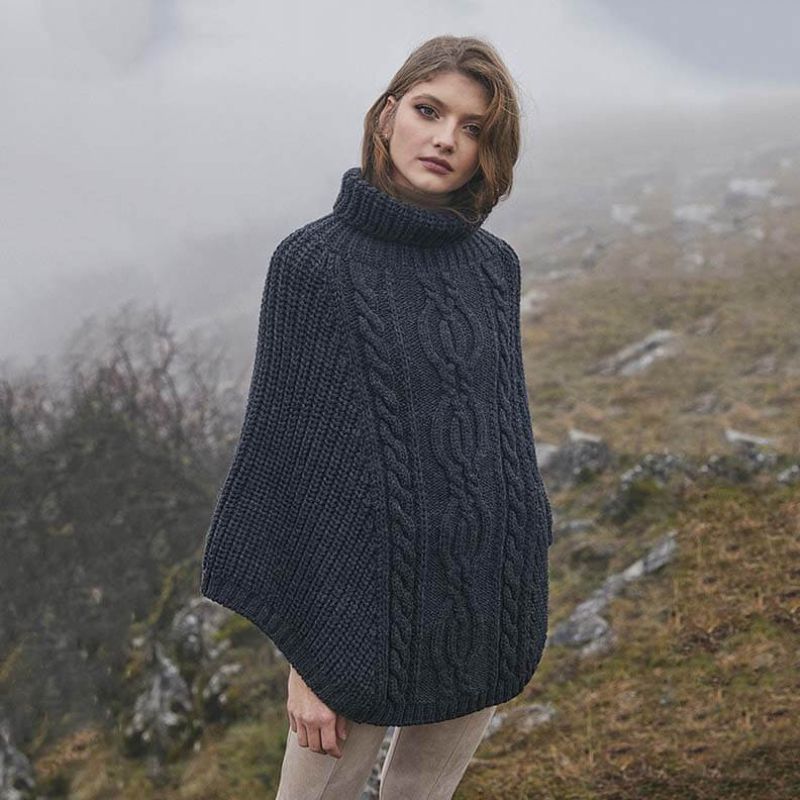 Merino Wool Aran Cable Cowl Neck Poncho, Charcoal Creative Irish Gifts.com