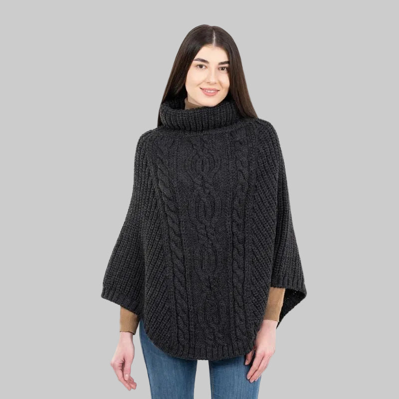 Merino Wool Aran Cable Cowl Neck Poncho, Charcoal Creative Irish Gifts.com