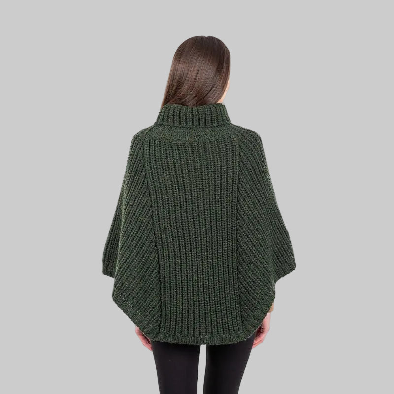 Merino Wool Aran Cable Cowl Neck Poncho, Army Green Back View Creative Irish Gifts.com