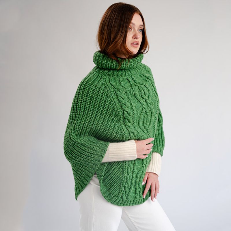 Merino Wool Aran Cable Cowl Neck Poncho, Green Side View Creative Irish Gifts.com