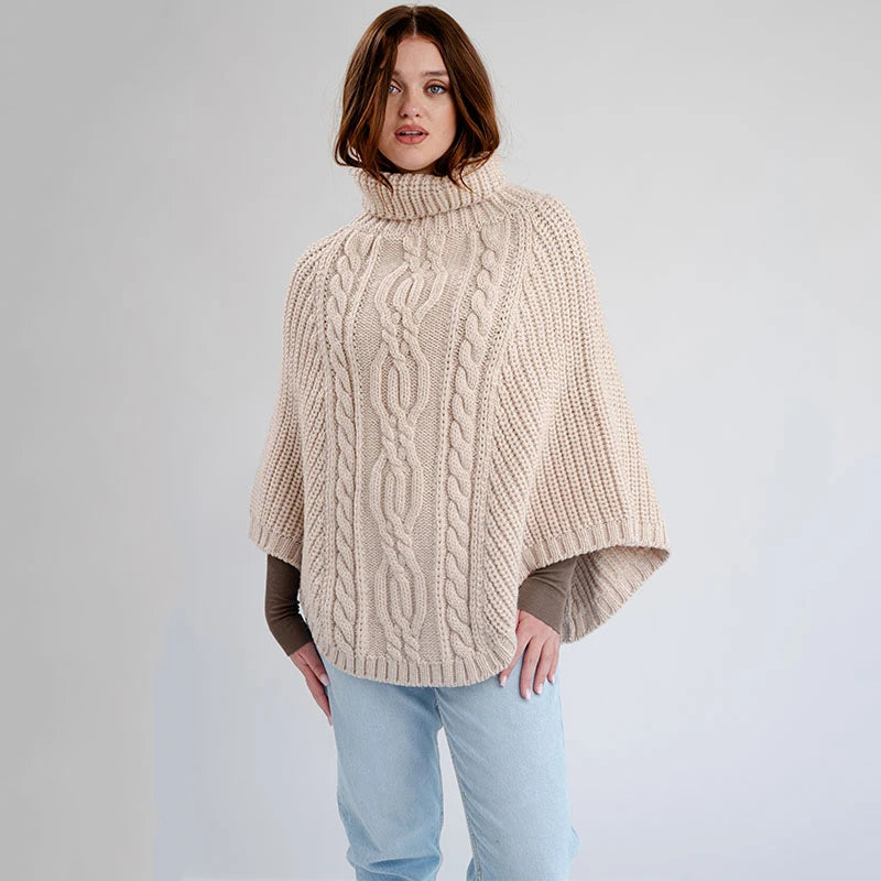 Relaxed Merino Knit Aran Turtleneck Poncho