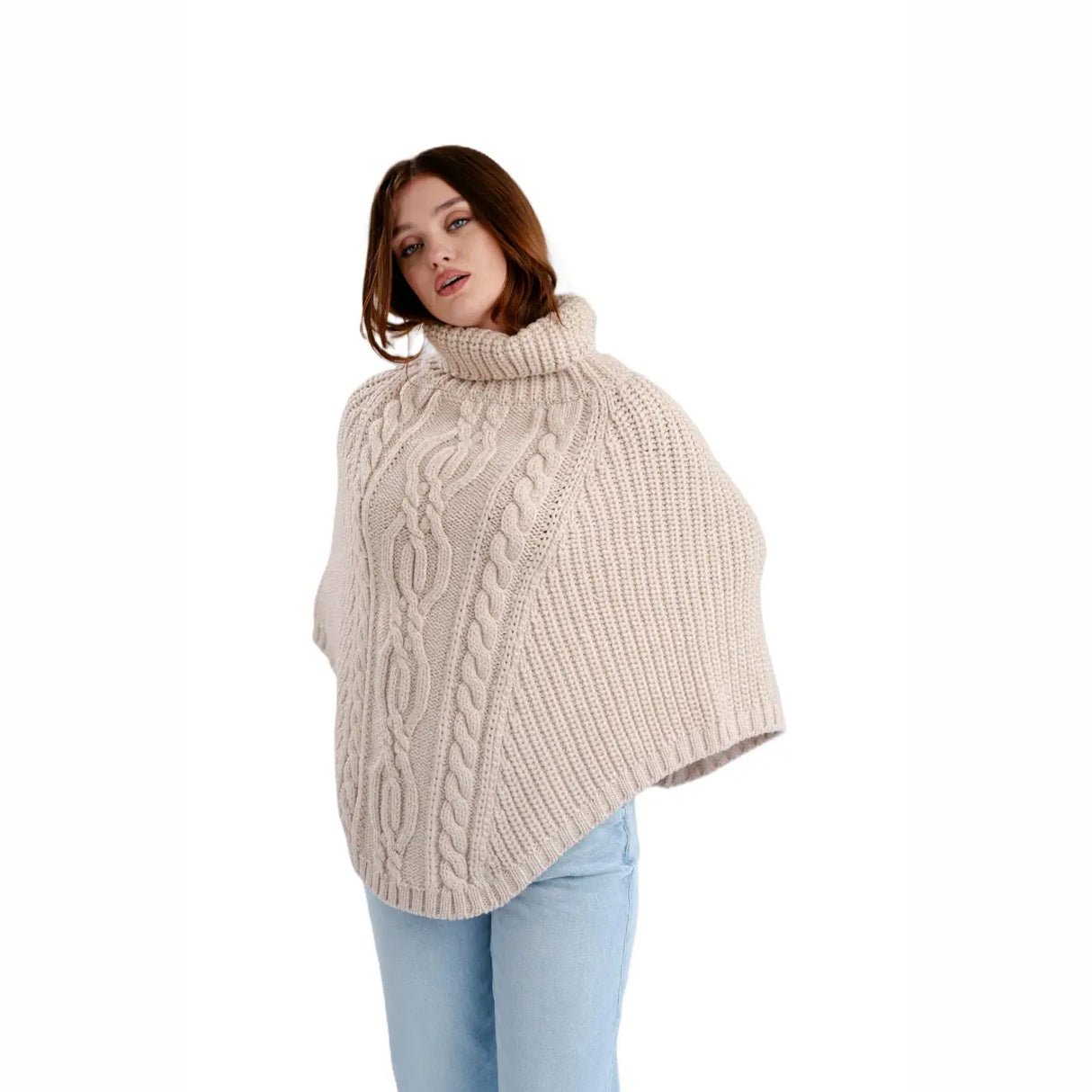 ML132-109-OS Merino Wool Aran Cable Cowl Neck Poncho, Parsnip Creative Irish Gifts