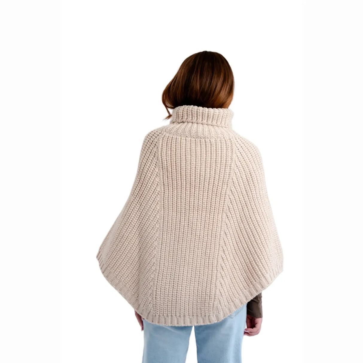 ML132-109-OS Merino Wool Aran Cable Cowl Neck Poncho, Parsnip Back View Creative Irish Gifts
