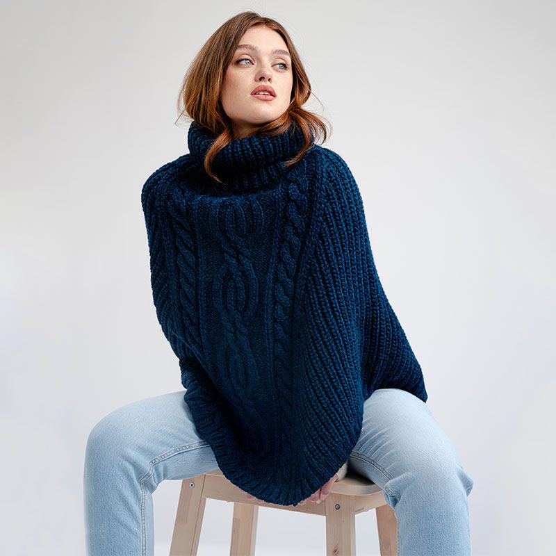 Merino Wool Aran Cable Cowl Neck Poncho, Ocean Blue Creative Irish Gifts.com