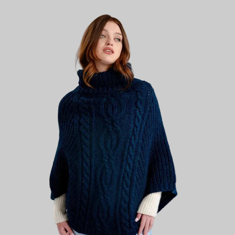 Merino Wool Aran Cable Cowl Neck Poncho, Ocean Blue Front Creative Irish Gifts.com