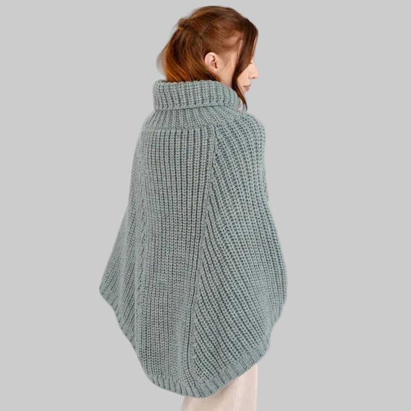 Merino Wool Aran Cable Cowl Neck Poncho, Teal Back View Creative Irish Gifts.com