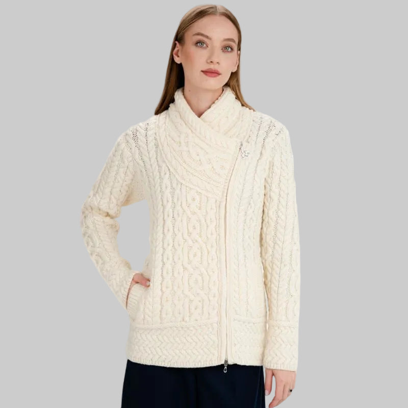 Women's Aran Jacket with Celtic Knot Side Zip White Creative Irish Gifts