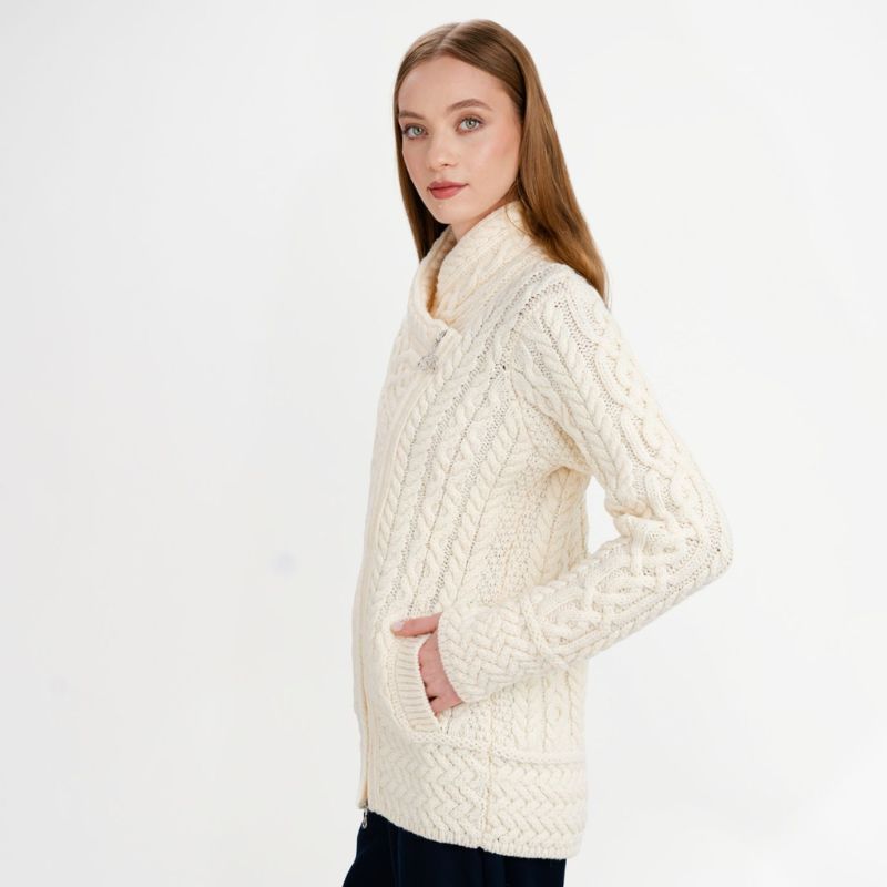 Women's Aran Jacket with Celtic Knot Side Zip White Side View Creative Irish Gifts