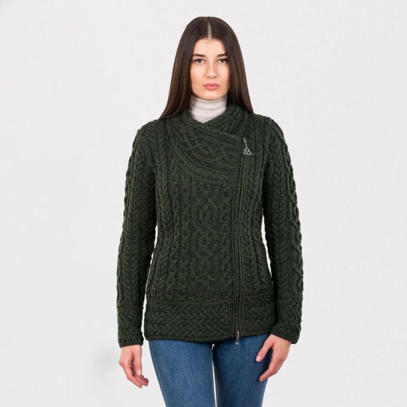 Aran Knit Coatigan with Celtic Knot Side Zip, Army Green Studio Creative Irish Gifts