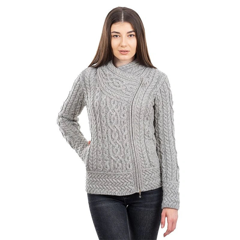 Women's Aran Knit Asymmetrical Zip Coat, Grey