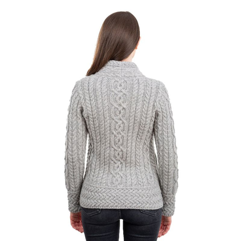 Aran Knit Coatigan with Celtic Knot Side Zip, Grey Back View Creative Irish Gifts