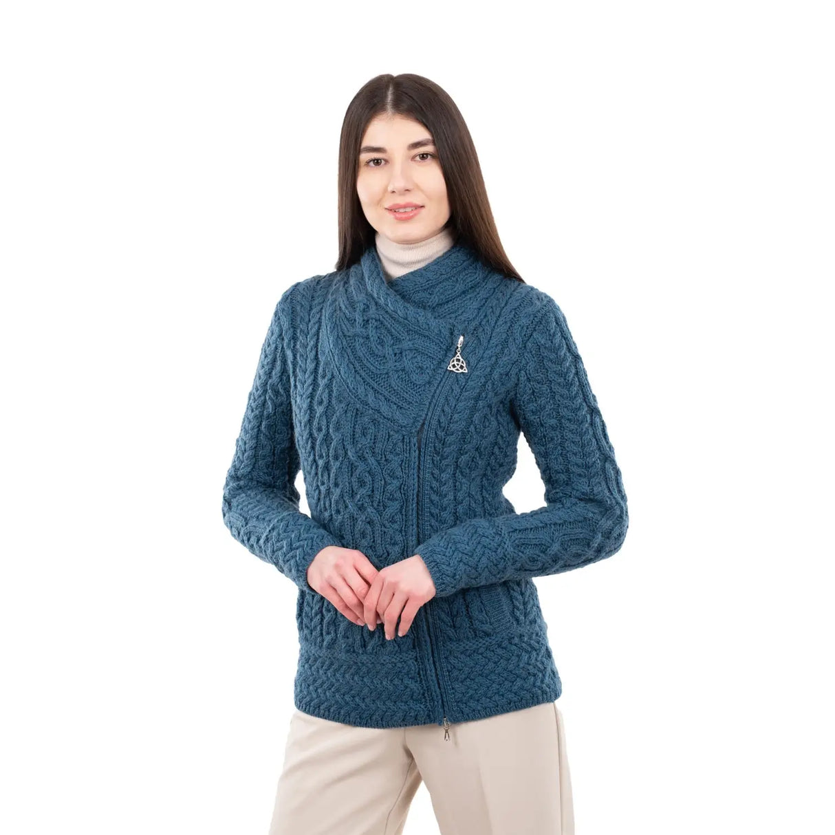 ML136-107 Aran Knit Coatigan with Celtic Knot Side Zip, Teal Creative Irish Gifts