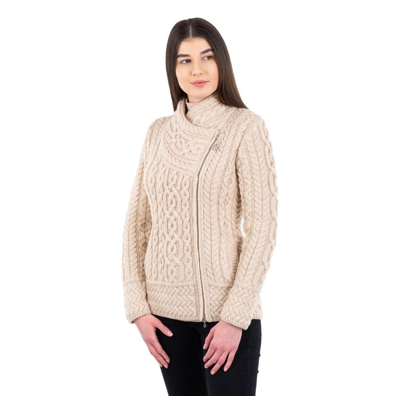Aran Knit Coatigan with Celtic Knot Side Zip, Parsnip Side View Creative Irish Gifts