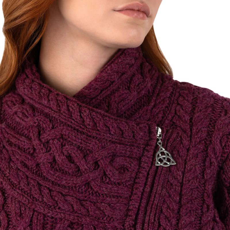Women's Aran Jacket with Celtic Knot Side Zip Velvet Red Creative Irish Gifts