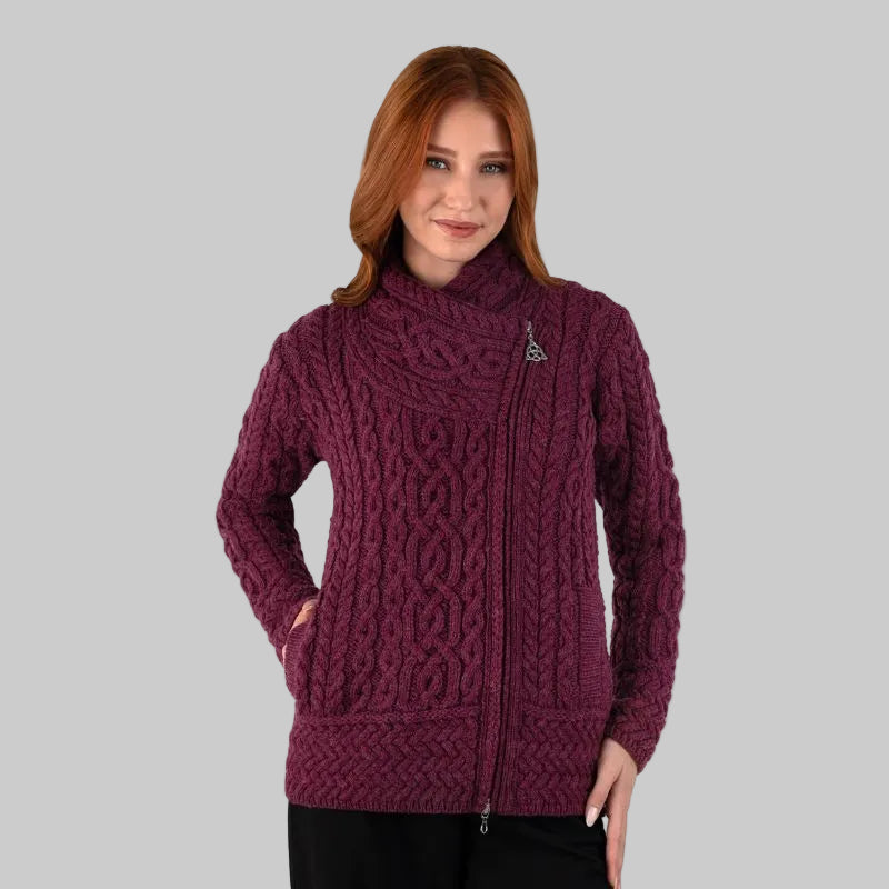 Women's Aran Jacket with Celtic Knot Side Zip Velvet Red Creative Irish Gifts
