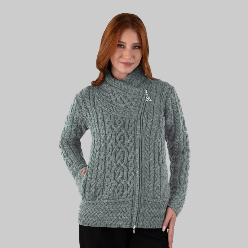 Women's Aran Jacket with Celtic Knot Side Zip Front View Creative Irish Gifts