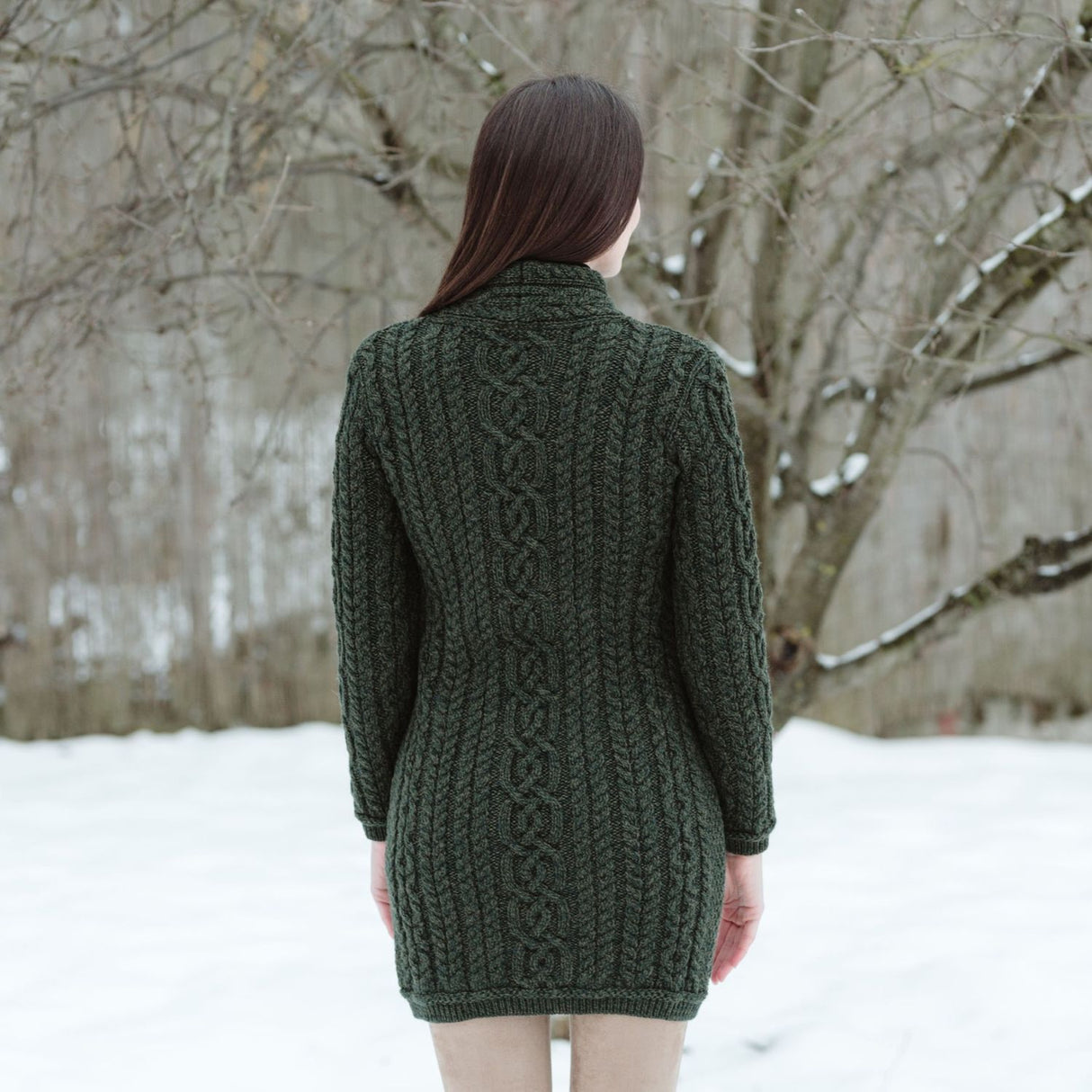 ML143-102 Women's Aran Knit Side Zip Long Jacket, Army Green Back View Creative Irish Gifts