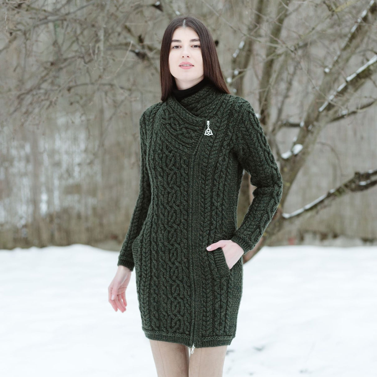 ML143-102 Women's Aran Knit Side Zip Long Jacket, Army Green Creative Irish Gifts