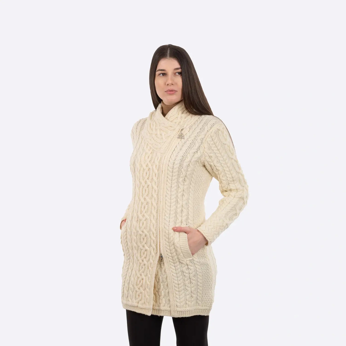 ML144-100 Women's Aran Knit Side Zip Jacket - Oatmeal Creative Irish Gifts