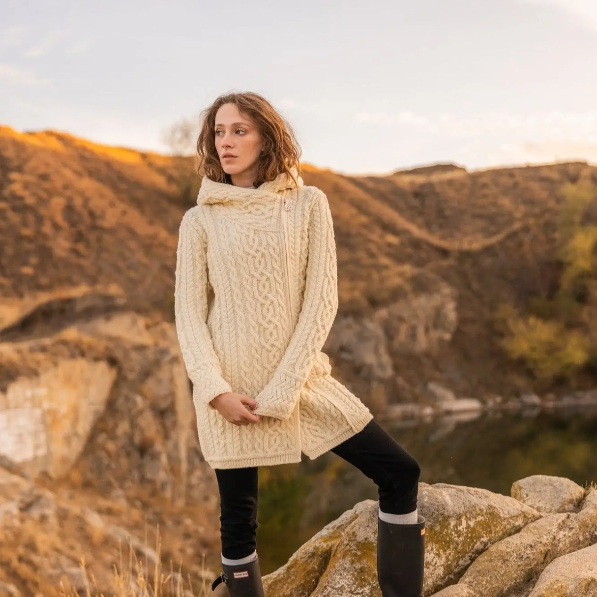 ML144-100 Women's Aran Knit Side Zip Jacket - Oatmeal Creative Irish Gifts