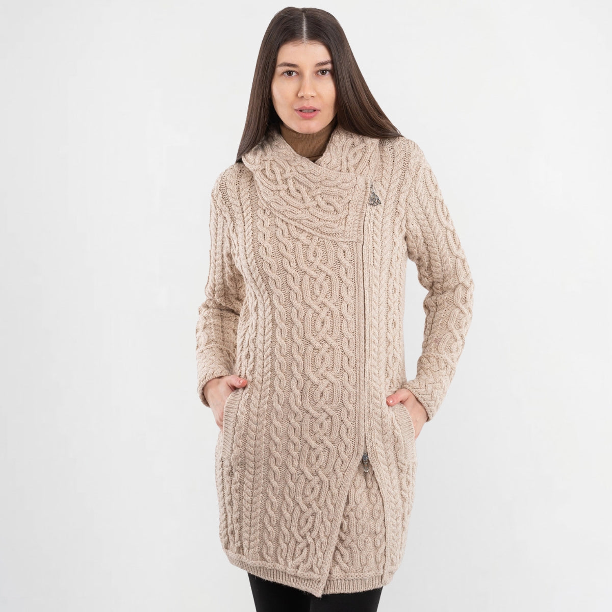Merino Wool Aran Zip Long Cardigan Parsnip Creative Irish Gifts.com